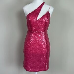 Hello‎ Molly Vibrant Pink Sequin Asymmetrical Strap Mini Dress Size US 8